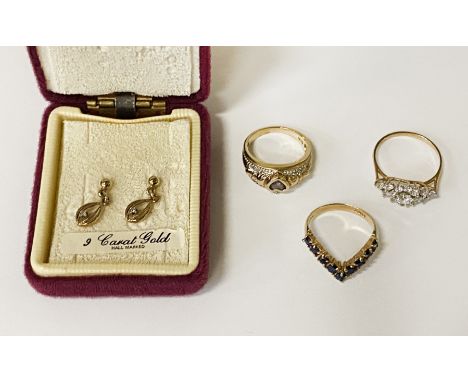 3 X GOLD GEMSTONE RINGS 8.2 GRAMS  2 SIZE L,M &amp; 1 SIZE Q,R WITH A PAIR OF BOXED 9CT GOLD DIAMOND EARRINGS 