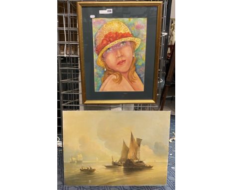 WATERCOLOUR OF LADY &amp; OIL OF SEASCAPE - 41 CMS (H) X 29 CMS (W) PICTURE ONLY
