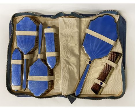 SILVER &amp; ENAMEL CASED BRUSH &amp; MIRROR SET