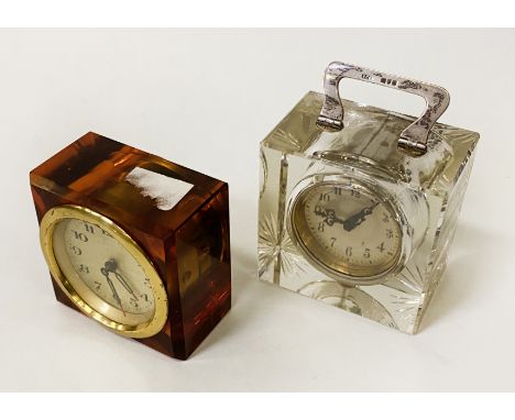 EARLY HM SILVER &amp; GLASS CLOCK WITH ANOTHER EARLY AMBER GLASS CLOCK