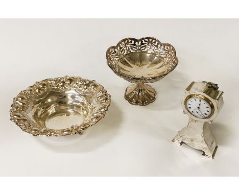 HM SILVER COMPORT WITH HM SILVER BOWL &amp; ART NOUVEAU TABLE CLOCK - 13 CMS (H) - 9 OZS APPROX EXCLUDING WEIGHT OF CLOCK