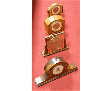 A 1920s mahogany and chequer strung mantel clock, having a painted dial with Arabic numerals and cylinder movement; together 