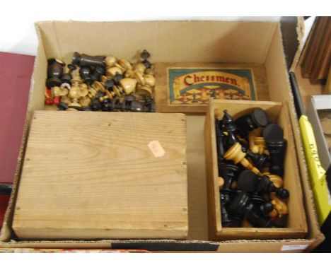 A turned boxwood and ebony chess set, in the Staunton pattern, king h.9cm (complete); together with various other boxwood and