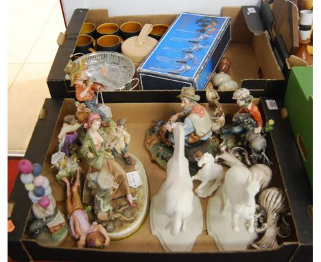 Three boxes of miscellaneous items to include various Capo di Monte figures, treen, Beswick mugs etc