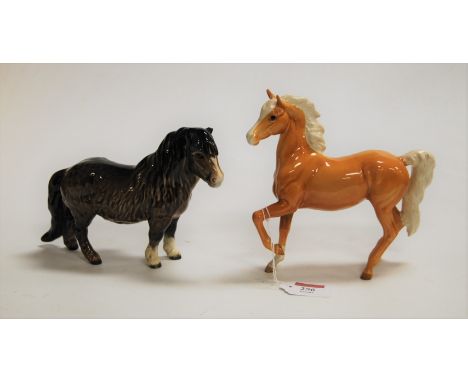 A Beswick model of a Palamino pony, brown gloss finish; together with a Beswick Shetland pony (2)