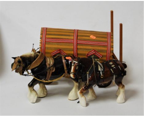 A large Melba style figure of a heavy horse; together with one other; and a handmade Gypsy caravan (3)