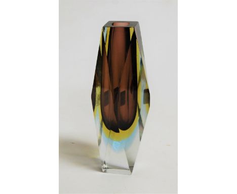 A modern amethyst and yellow tinted glass stem vase, height 20cm