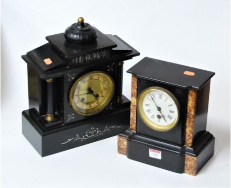 A late Victorian black slate and rouge marble cased mantel clock, having an enamelled dial with Roman numerals and 30 hour mo