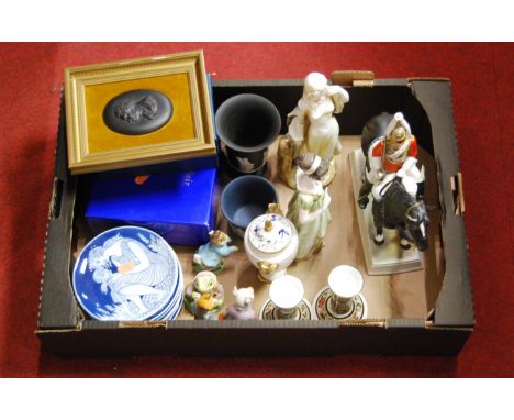 A collection of ceramics to include a Wedgwood black jasper oval plaque depicting Beethoven, four Beswick Beatrix Potter figu