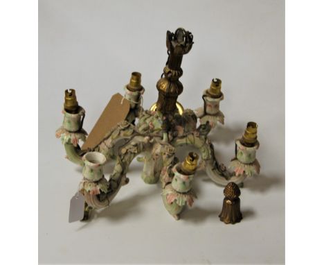 A late 19th century continental porcelain floral encrusted 6 sconce light fitting (formerly a table candelabra with various o