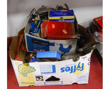 A box of miscellaneous car parts and accessories, to include a Lucas headlamp, various dashboard dials, valves etc