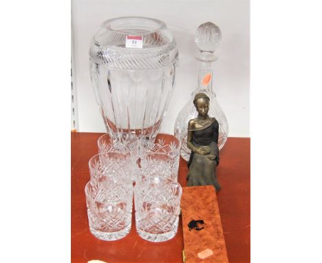 A large modern cut glass vase together with a set of six cut glass whisky tumblers, decanter and stopper, African style figur