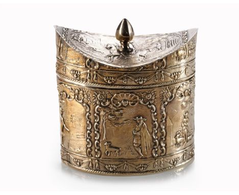 Oval, hinged concave cover with shaped finial, the body embossed with C-scrolls, shells and figures at various pursuits9,5cm 