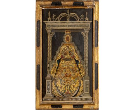 Oil on canvas, the Madonna and Child before an architectural structure with cherubs, Her finely painted lace-edged robed deco