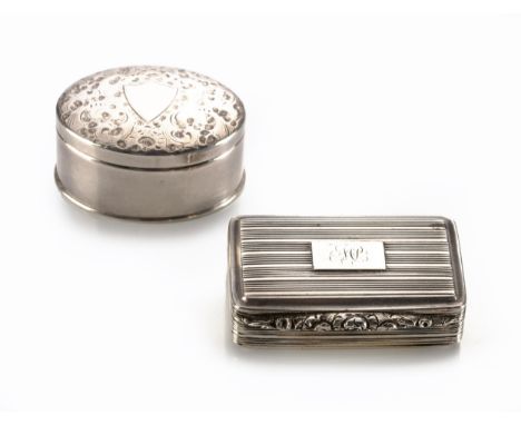 Rectangular, hinged cover, reeded body; And A Pill Box, Apparently Unmarked, oval-shaped, loose coverthe snuff box 5,5cm long