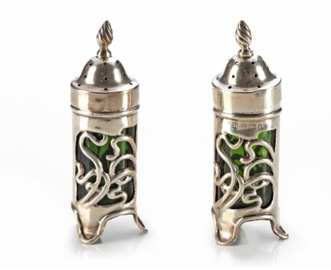 Circular, each with shaped finial, loose pierced cover, raised on three turned feet8,5cm high, 34g all in(2)