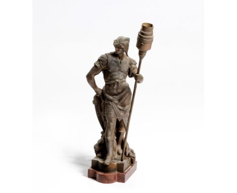 Cast iron, after the original by Emile Louis Picault (1833 -1915), the standard fitted with a light and shade, wear44cm high