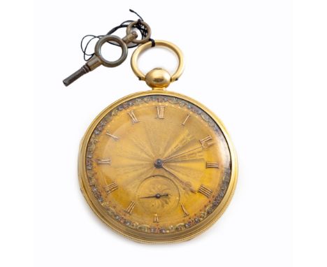 The circular gilt dial with Roman numerals, subsidiary seconds dial at 6 o'clock, calibrated outer ring, engine-turned decora