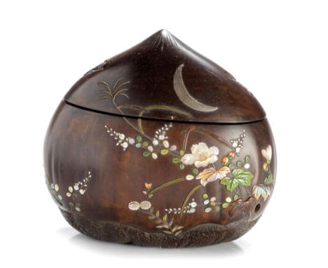 NOT SUITABLE FOR EXPORTThe naturalistically carved chestnut inlaid with jade, mother-of-pearl, tortoiseshell, coral and silve