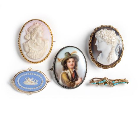 Comprising: a hardstone cameo brooch, a shell cameo brooch, a portrait miniature brooch, a Wedgwood blue jasperware brooch an
