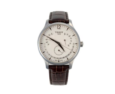 Reference T063637A, quartz, the circular white dial with engine-turned decoration and silver Arabic and arrowhead hour marker