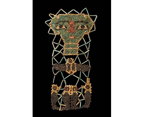 Late Period, Ca. 664 - 332 BC.
A mummy shroud composed of faience seed-shaped and tubular beads. It has a detailed face, a wi