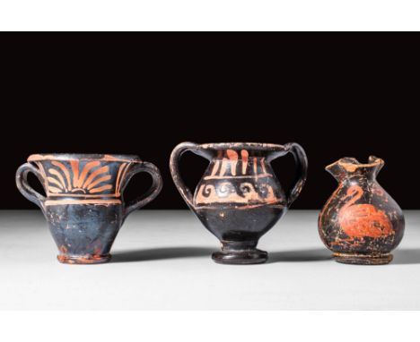 Ca. 400 - 300 BC.
A group of Xenon ware vessels. The first vessel, on the left, is a petite krater with an elegant body and a