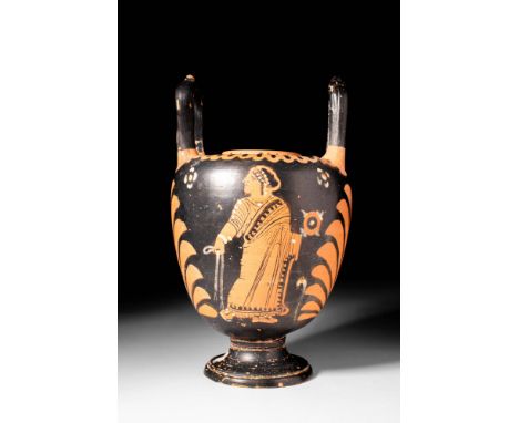 Ca. 350 - 300 BC.
A red-figure painted lebetes with a globular body on a high pedestal and two strap handles at the top of th