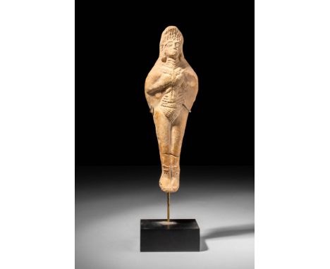 Ca. 600 - 400 BC.
A mould-made terracotta votive figurine representing Tanit, the Phoenician goddess invoked for fertility. H