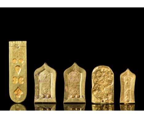 Ca. AD 400 - 800.
A group of five Byzantine gold belt strap ends, likely from three different belts. The first belt fitting, 