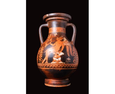 Ca. 350 - 300 BC.
A red-figure pottery olpe with a bulbous body and a short, splayed foot. The neck is funnel-shaped and has 