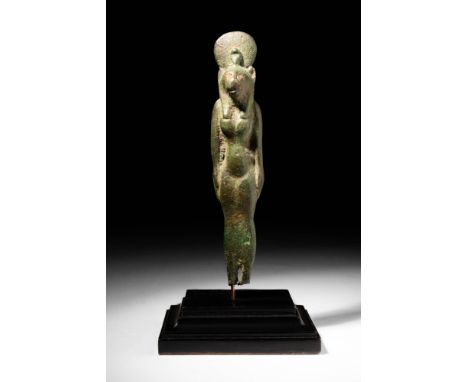 Late Period, Ca. 664 - 332 BC.
A bronze statuette of the striding Sekhmet with her left foot forward. The lion-headed goddess