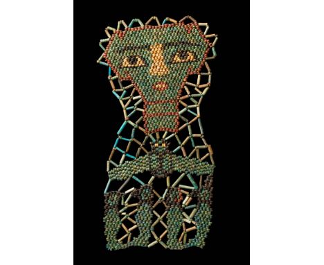 Late Period, Ca. 664 - 332 BC.
A mummy shroud composed of faience seed-shaped and tubular beads. It has a detailed face, a wi