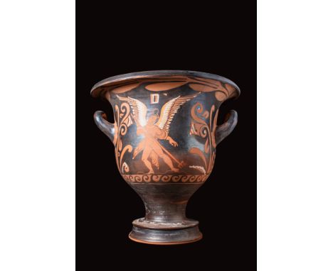 Ca. 340 - 310 BC.
A red-figure pottery bell krater with a large body, short splayed foot, a flanged mouth and two well-preser