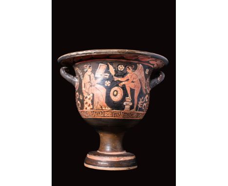 Ca. 350 - 300 BC.
A red-figure pottery bell krater with a large body, short splayed foot, a flanged mouth and two well-preser