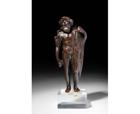 Ca. AD 100 - 200 .
A cast bronze statue of Jupiter (Greek Zeus) - the bearded king of the gods standing in contrapposto with 