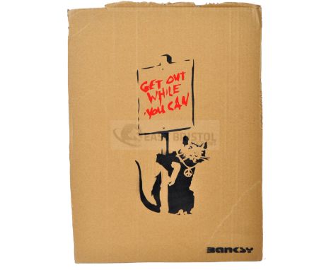 BANKSY - Dismaland, 2015Get Out While You CanHand sprayed stencil graffiti on cardboard Ed. 44/100Reverse in marker: smiley f