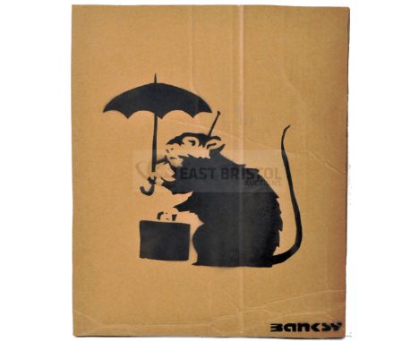 BANKSY - Dismaland, 2015Umbrella RatHand sprayed stencil graffiti on cardboard Ed. 78/100Reverse in marker: smiley face - Enj