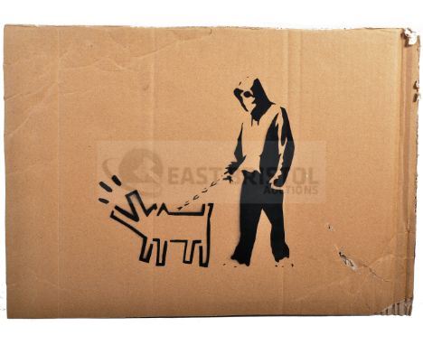 BANKSY - Dismaland, 2015Keith Haring DogHand sprayed stencil graffiti on cardboard Ed. 62/100Reverse in marker: smiley face -