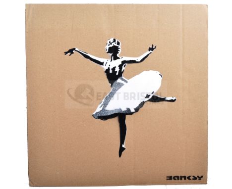 BANKSY - Dismaland, 2015BallerinaHand sprayed stencil graffiti on cardboard Ed. 32/100Reverse in marker: smiley face - Enjoy 