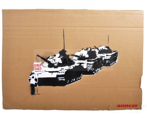 BANKSY - Dismaland, 2015Golf SaleHand sprayed stencil graffiti on cardboard Ed. 7/10Reverse in marker: smiley face - Enjoy Yo
