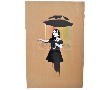 BANKSY - Dismaland, 2015Umbrella GirlHand sprayed stencil graffiti on cardboard Ed. 4/6Reverse in marker: smiley face - Enjoy