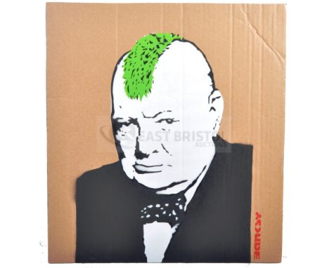 BANKSY - Dismaland, 2015Turf WarHand sprayed stencil graffiti on cardboard Ed. 17/20Reverse in marker: smiley face - Enjoy Yo