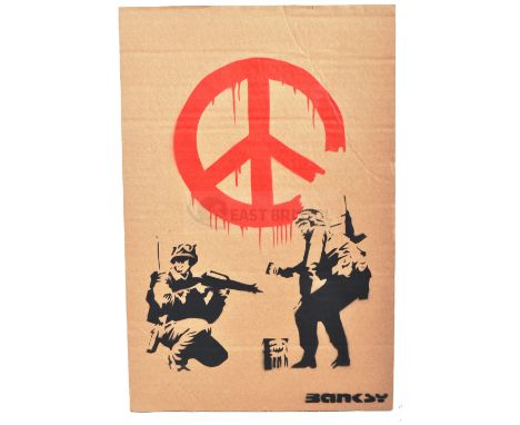 BANKSY - Dismaland, 2015CND Soldiers Hand sprayed stencil graffiti on cardboard Ed. 72/100Reverse in marker: smiley face - En