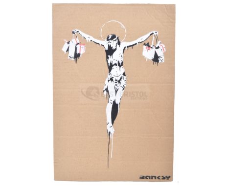 BANKSY - Dismaland, 2015Christ With Shopping BagsHand sprayed stencil graffiti on cardboard Ed. 8/10Reverse in marker: smiley