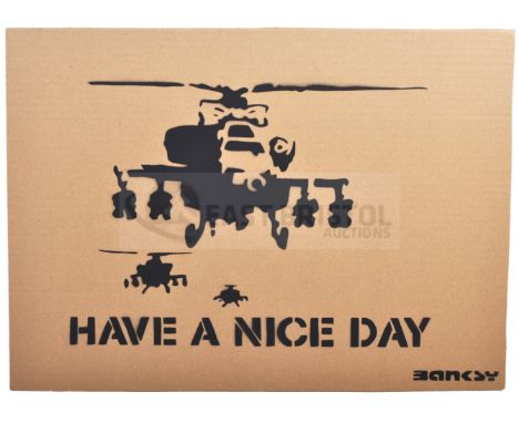 BANKSY - Dismaland, 2015Happy Choppers - Have A Nice DayHand sprayed stencil graffiti on cardboard Ed. 23/100Reverse in marke