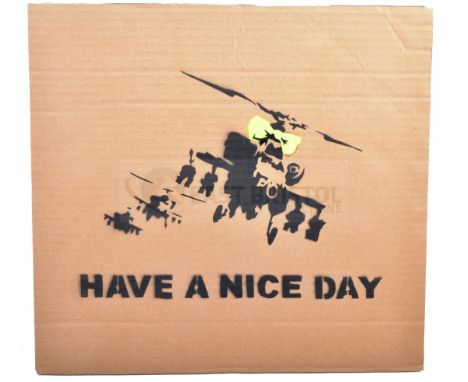 BANKSY - Dismaland, 2015Happy Choppers - Have A Nice DayHand sprayed stencil graffiti on cardboard Ed. 68/100Reverse in marke