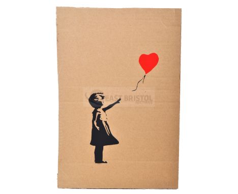 BANKSY - Dismaland, 2015Girl With Balloon Hand sprayed stencil graffiti on cardboard Ed. 81/100Reverse in marker: smiley face