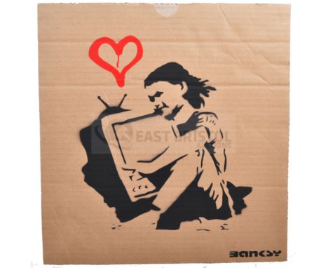 BANKSY - Dismaland, 2015Love Your TelevisionHand sprayed stencil graffiti on cardboard Ed. 11/30Reverse in marker: smiley fac
