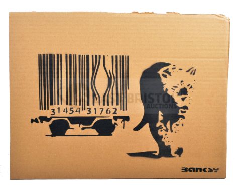 BANKSY - Dismaland, 2015BarcodeHand sprayed stencil graffiti on cardboard Ed. 37/100Reverse in marker: smiley face - Enjoy Yo